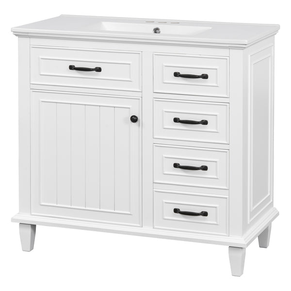 English Elm 36 Inch Bathroom Vanity - Modern Ceramic Sink, Solid Wood Frame, Adjustable Storage & Soft-Close Doors N725P336554K