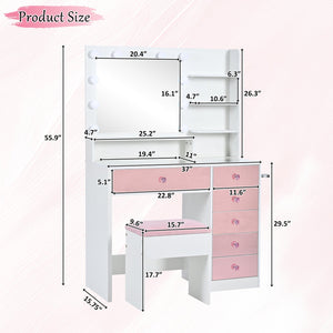 English Elm Vanity Desk with Hollywood Bulbs Glass Top Pink Glam Drawers and Cushioned Stool N704P340246K