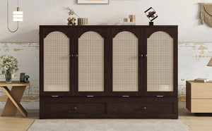 English Elm Queen Size Murphy Bed – Elegant Pine Wood Cabinet With Power Station & Rattan Accents, Espresso Finish W504S00235-GIGA
