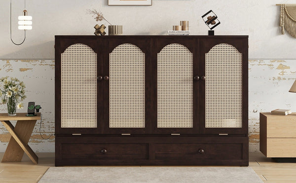 English Elm Queen Size Murphy Bed – Elegant Pine Wood Cabinet With Power Station & Rattan Accents, Espresso Finish W504S00235-GIGA