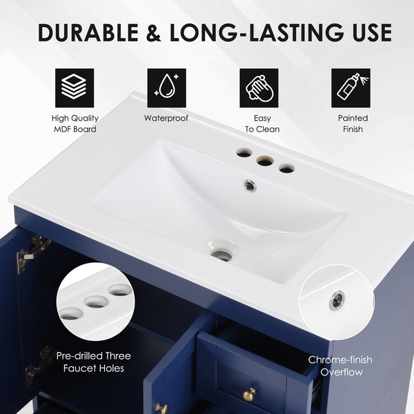 English Elm 30" Vanity with Ceramic Sink and Solid Wood Frame, Soft-Close Drawers, Compact Coastal Style, Durable Construction Blue W2896P344081