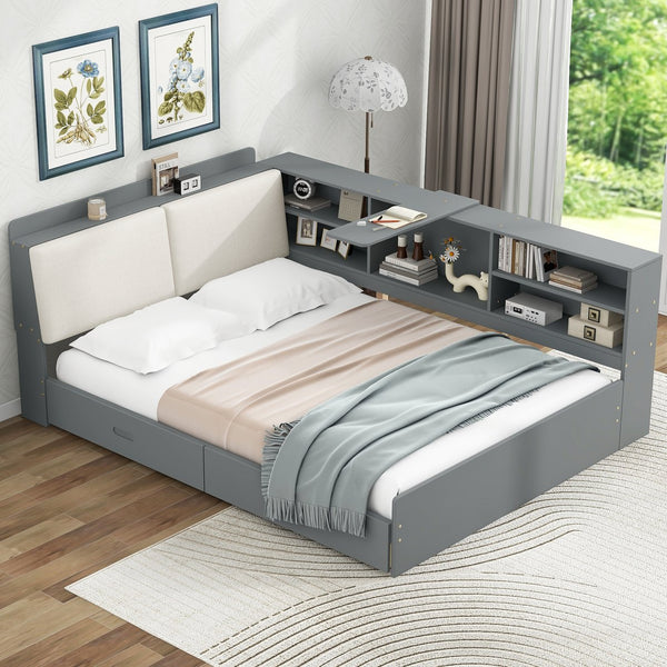 English Elm Wood Full Size platform bed with storage headboard, built-in shelves and drawers, sturdy pine frame, compact solution for small rooms Gray GX002054AAE