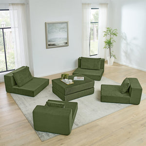 English Elm Modular Cloud Sectional Sofa with Corduroy Upholstery, Deep-Seat Sleeper Loveseat, Removable Ottoman, No-Assembly Comfort and Customizable Configuration Green W1117P357544
