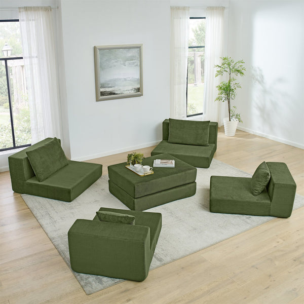 English Elm Modular Cloud Sectional Sofa with Corduroy Upholstery, Deep-Seat Sleeper Loveseat, Removable Ottoman, No-Assembly Comfort and Customizable Configuration Green W1117P357544