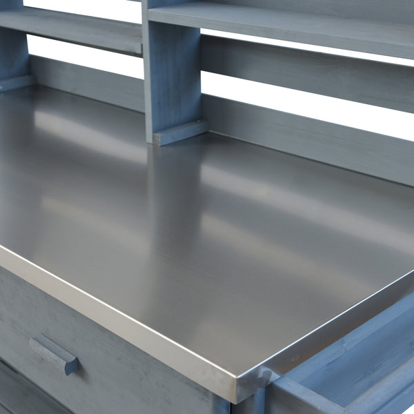 English Elm K&K 64.9" Outdoor Potting Bench with 1.2" Stainless Steel Top, Lockable Wheels, Hutch & Drawers Grey+Blue N707P228274G