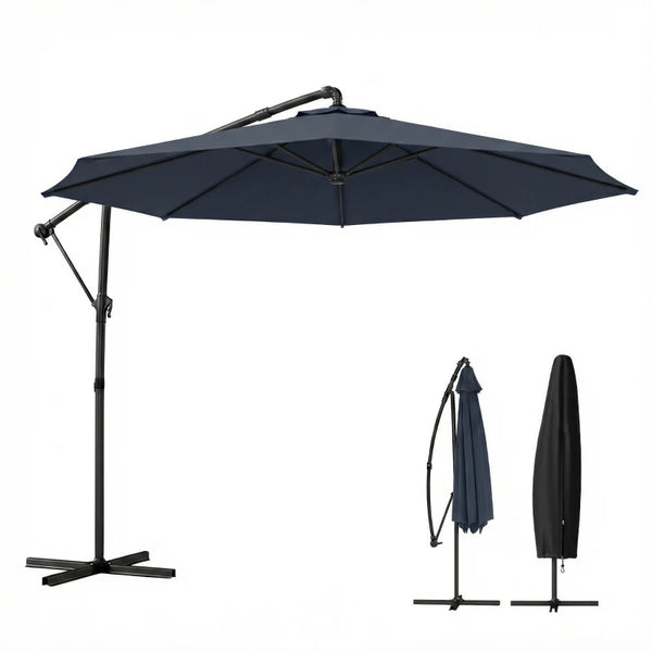 English Elm Large Offset Cantilever Patio Umbrella with 360 Rotation Tilt and Uv Protection Navy Blue T3971P466708
