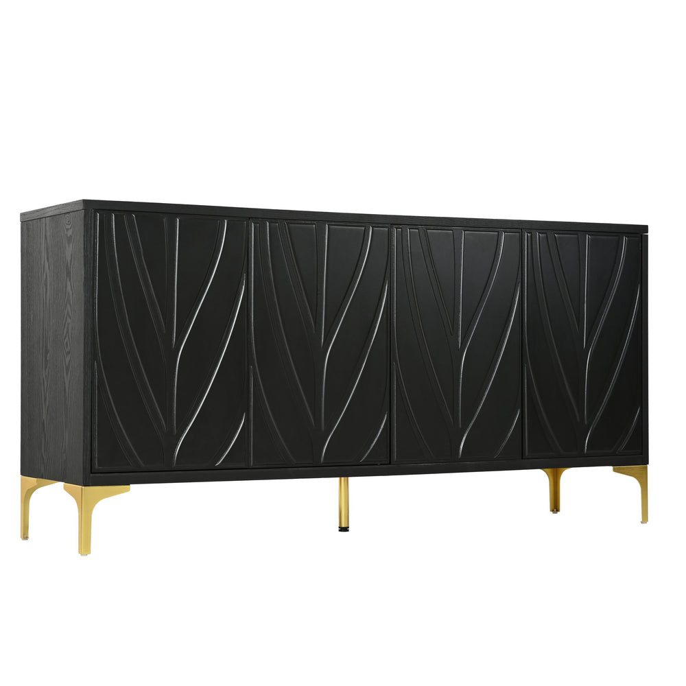 English Elm 60" Modern Handleless Sideboard Buffet Cabinet with Push-to-Open Doors, Carved Black Credenza, Adjustable Shelves, 220lb Top Load, Solid Wood MDF Storage for Living Room Entryway W2696P279985