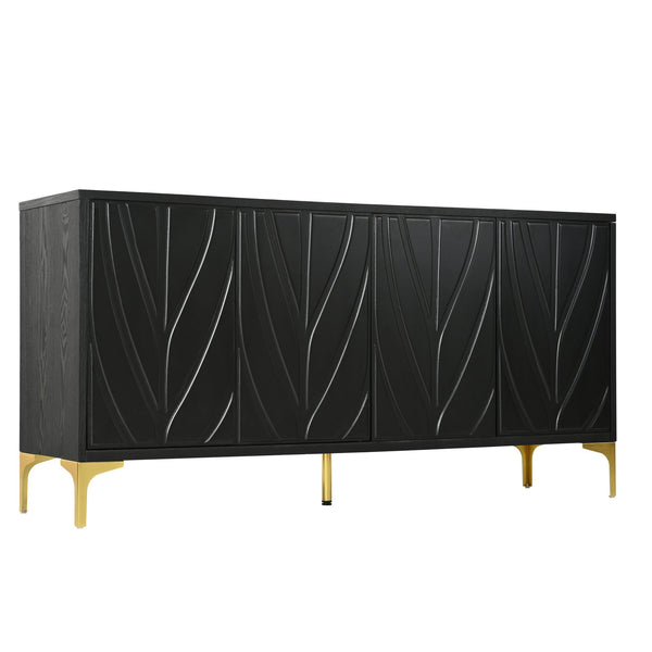 English Elm 60" Modern Handleless Sideboard Buffet Cabinet with Push-to-Open Doors, Carved Black Credenza, Adjustable Shelves, 220lb Top Load, Solid Wood MDF Storage for Living Room Entryway W2696P279985