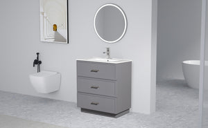 English Elm 30 Inch Bathroom Vanity With Ceramic Sink Combo - Modern Gray Freestanding Storage Cabinet Set W1550S00046