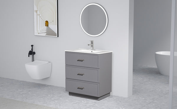 English Elm 30 Inch Bathroom Vanity With Ceramic Sink Combo - Modern Gray Freestanding Storage Cabinet Set W1550S00046