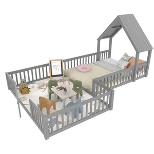 English Elm Full House Floor Bed with Door and Guardrails for Kids, Solid Wood Double Full, Safe Play Nook Grey W1580P354640