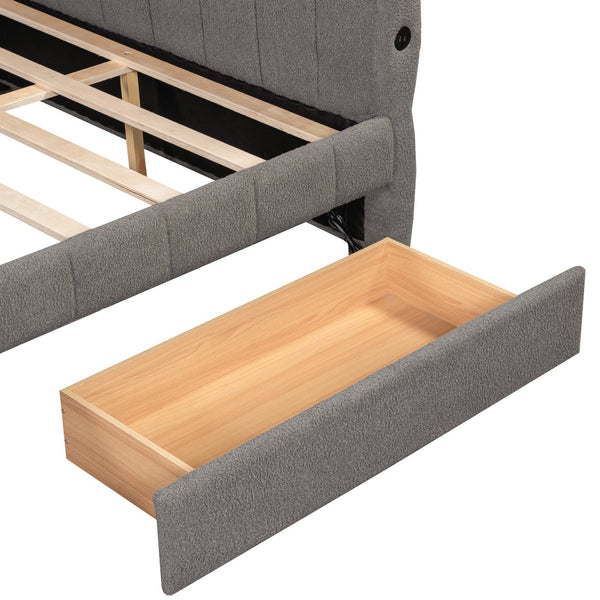English Elm Queen Lambswool Platform Bed with Usb Charging Armrests and Under Storage Drawers Gray N7500000601E
