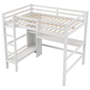 English Elm Full Size Loft Bed With Under-Bed Desk & Multifunction Shelves - Space-Saving White Design For Teens N7090005004K