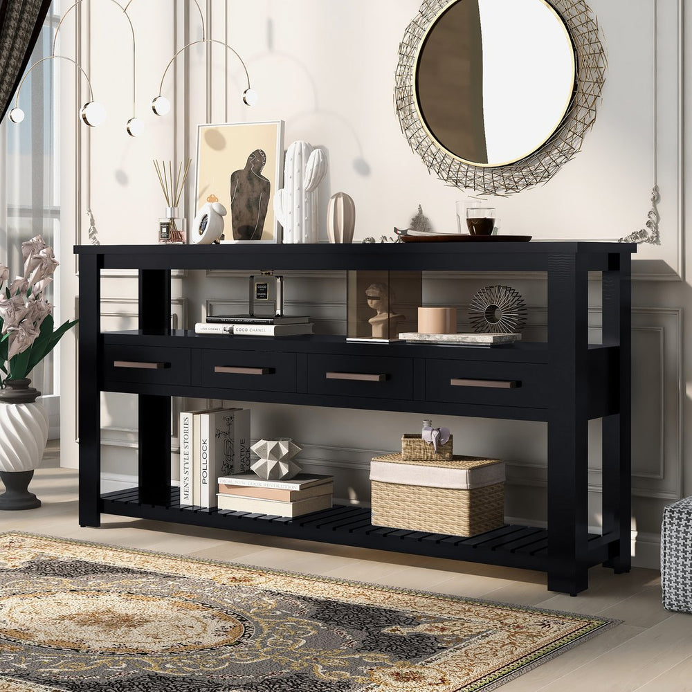 English Elm U_style Wide Entryway Console Table with Four Drawers and Open Shelving Storage N711P234484B