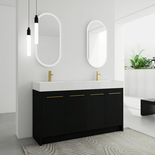 English Elm 60 Inch Freestanding Bathroom Vanity With Resin Double Sink & Soft-Close Doors For Modern Spaces W999S00181