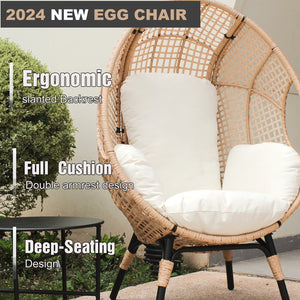 English Elm New PE Wicker Egg Chair Grid Style with Ergonomic High-Front Seat, Water-Resistant Rattan, Beige Cushion W400P241055