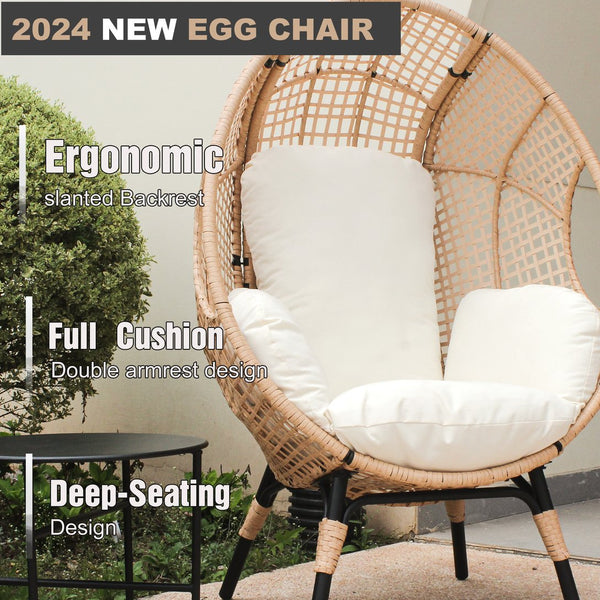 English Elm New PE Wicker Egg Chair Grid Style with Ergonomic High-Front Seat, Water-Resistant Rattan, Beige Cushion W400P241055