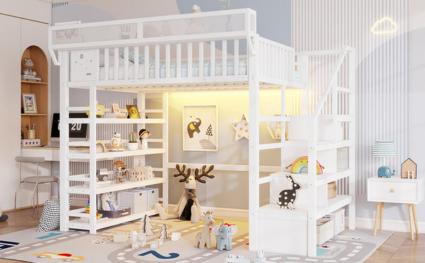 English Elm Full Metal Loft Bed with Stair Storage Rgb Lighting and Charging Station for Teens White W2580S00075