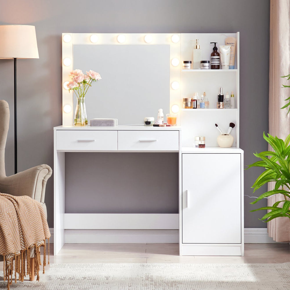 English Elm Vanity 46.4IN Dressing Table with LED Mirror Lights, 2 Spacious Drawers & Vertical Organizer, Eco-Friendly Surface and Adjustable Brightness for Bedroom Use White W2386P200041