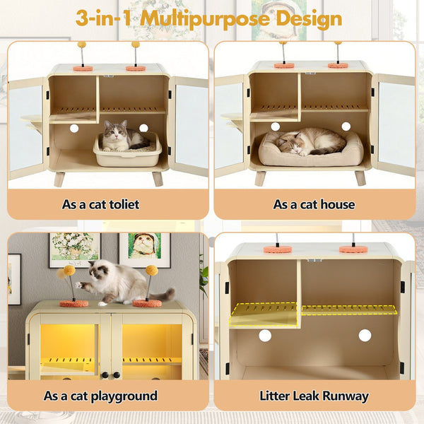 English Elm Cat Litter Box Enclosure Mdf Cabinet with Rgb Lighting Glass Doors and Play Loft Beige N704P419240A
