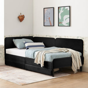 English Elm Twin Velvet Upholstered Platform Bed with 2 Underbed Drawers, Adjustable Sofa Bed, Modern Black Design W1413P298910