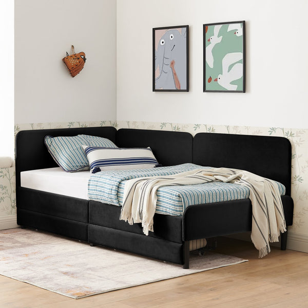 English Elm Twin Velvet Upholstered Platform Bed with 2 Underbed Drawers, Adjustable Sofa Bed, Modern Black Design W1413P298910