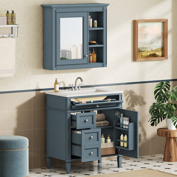 English Elm 30'' Freestanding Bathroom Vanity Set with Mirror Cabinet Ceramic Sink Soft Close SW000126AAM-1