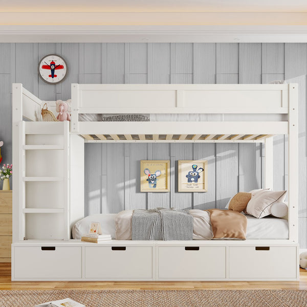 English Elm Twin Triple Bunk Bed Metal L-shaped Frame Sleeps Three Kids White Finish Ivory W1580S00643