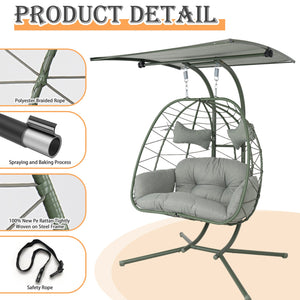 English Elm 2-person Wicker Egg Hanging Chair with Canopy Steel Stand Outdoor Patio Swing T5880P502250