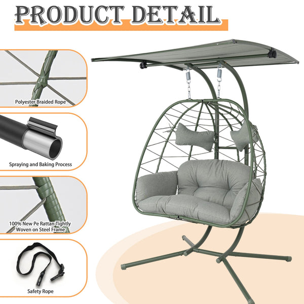 English Elm 2-person Wicker Egg Hanging Chair with Canopy Steel Stand Outdoor Patio Swing T5880P502250