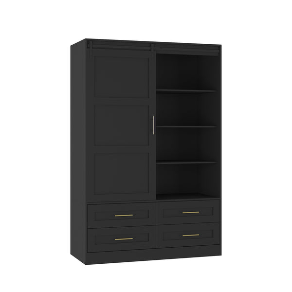 English Elm Tall Farmhouse Wardrobe Armoire with Sliding Barn Doors Drawers and Hanging Rod W1321S00045