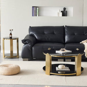 English Elm 35inch Round Coffee Table Dual Tier Tempered Glass Gold Steel Frame Living Room W3357P395503