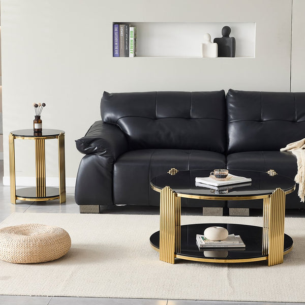 English Elm 35inch Round Coffee Table Dual Tier Tempered Glass Gold Steel Frame Living Room W3357P395503
