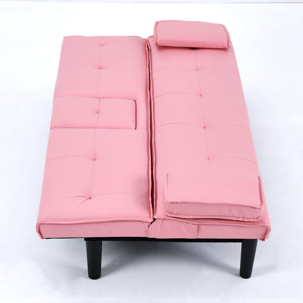English Elm The 67-inch PVC multi-functional sofa bed with one-click fold, cup holders, sturdy wood frame for apartments Pink W3371P318142