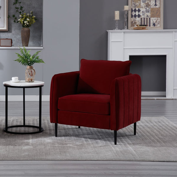 English Elm Accent Velvet Armchair Mid-century Modern Plush Seat with Metal Legs for Any Room Wine Red W3244P327125