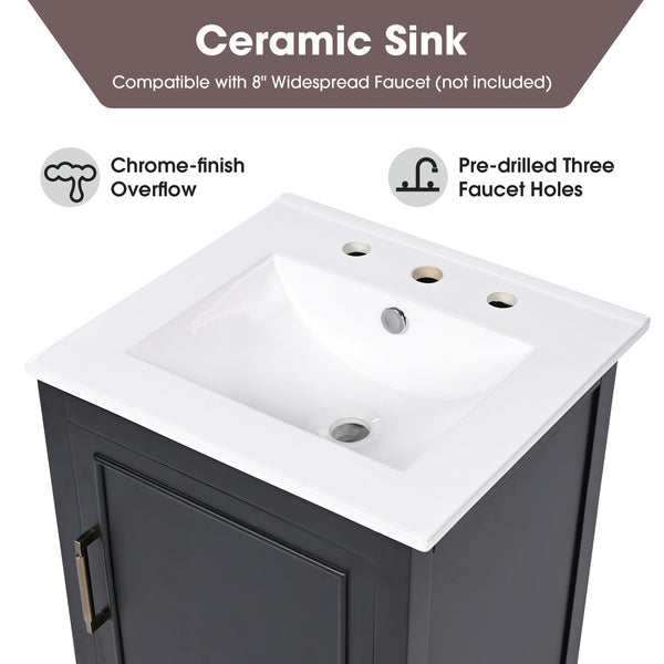 English Elm 20" Bathroom Vanity with Sink and Ceramic Top, Modern Freestanding Cabinet with Drawer & Shelf Storage, Adjustable Feet for Stability and 200lb Capacity Black N725P192821B