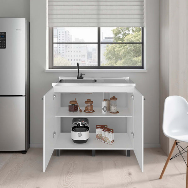 English Elm White Melamine Utility Sink Cabinet with Open Shelving for Laundry and Mudroom B062S01871