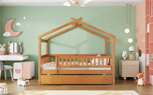 English Elm Twin House Bed with Trundle Solid Pine Frame Walnut Kids Bedroom Sleepover N708P357115L