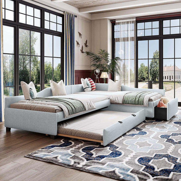 English Elm Upholstered Twin Daybed with Pull Out Trundle Linen Blend Sofa Style Studio Bed GX001316AAA