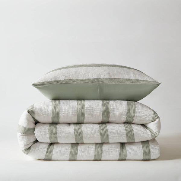 English Elm 2-piece Yarn-dyed Striped Polyester Comforter Set with Seersucker Texture for Year-round Comfort Sage Green B035P463221