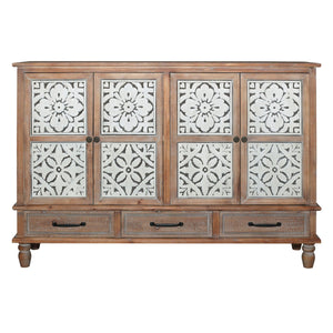 English Elm 59.06" Rustic Natural Wood Accent Cabinet with 4 Doors & 3 Drawers, Adjustable Shelves, Durable MDF W2295P290643