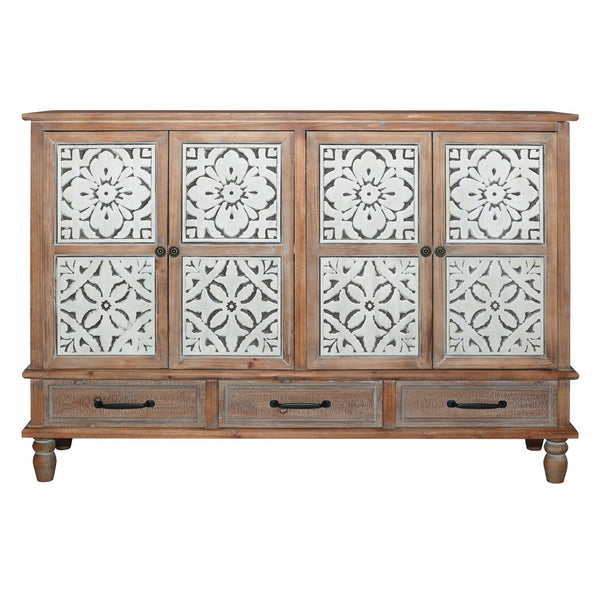 English Elm 59.06" Rustic Natural Wood Accent Cabinet with 4 Doors & 3 Drawers, Adjustable Shelves, Durable MDF W2295P290643