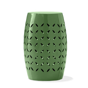 English Elm 12" Outdoor Iron Accent Table Lace Cut Barrel Design Perforated Metal Patio Side Green N773P365595G