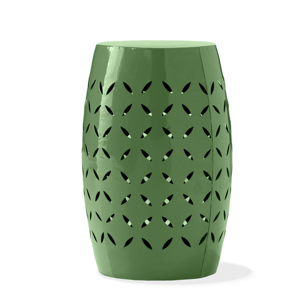 English Elm 12" Outdoor Iron Accent Table Lace Cut Barrel Design Perforated Metal Patio Side Green N773P365595G