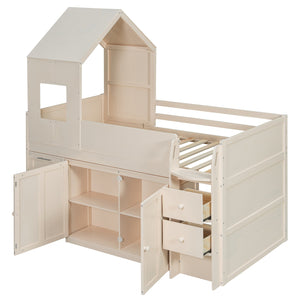 English Elm Twin House Loft Bed with Pull Out Rolling Desk Stair Drawers and Cabinet Storage Beige N820S00072A