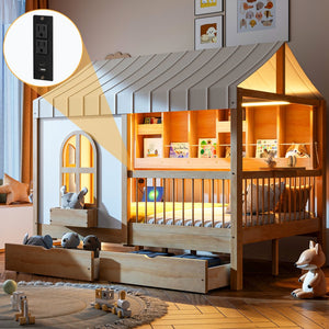 English Elm Full Size Kids House Bed with Led Bookshelf Storage Drawers and Charging Station Natural LP000378AAN