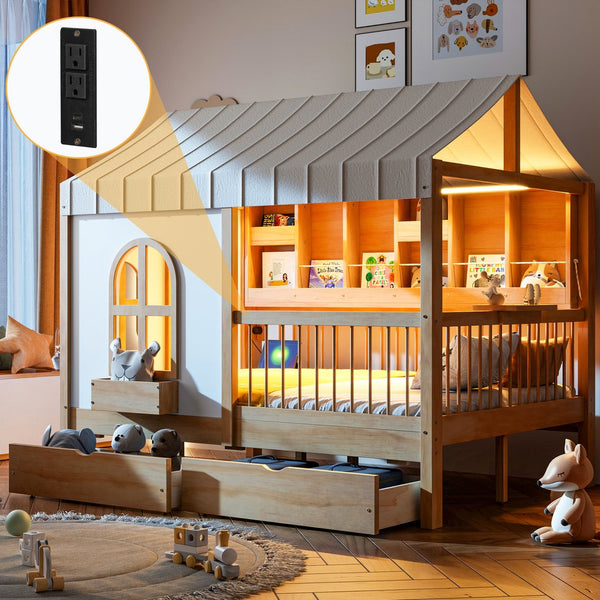 English Elm Full Size Kids House Bed with Led Bookshelf Storage Drawers and Charging Station Natural LP000378AAN