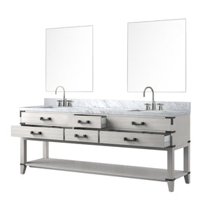 English Elm White Oak Double Bath Vanity With Carrara Marble Top, Chrome Faucets & 36-Inch Mirrors For Elegance B2731S01917-GIGA