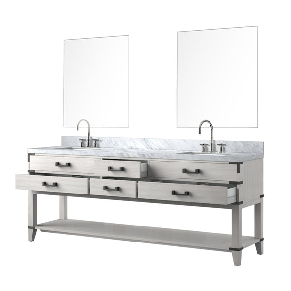English Elm White Oak Double Bath Vanity With Carrara Marble Top, Chrome Faucets & 36-Inch Mirrors For Elegance B2731S01917-GIGA