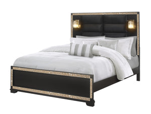 English Elm LIVELY Solid Wood Bed with Padded Headboard and Built-In Lamps, Low Profile Frame & Glitter Accents BLACK/GOLD KING B201S00212